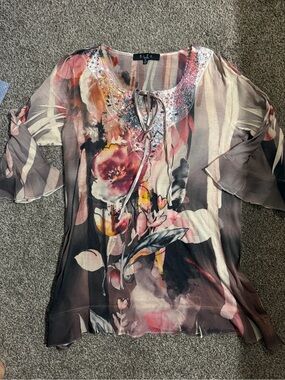 D.L.E.U Floral Lace-Trim Pink & Gray Women's Blouse